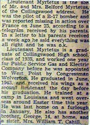 Newspaper clipping reporting John W. Myrtetus missing in action