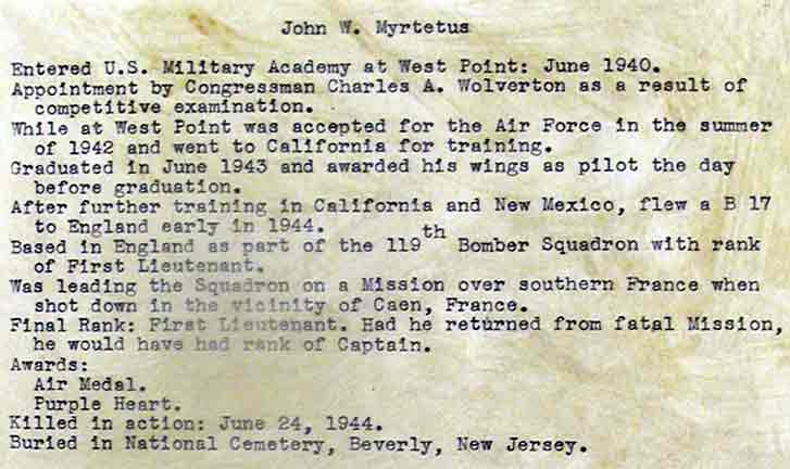 Collingswood WWII Memorial information card for John W. Myrtetus