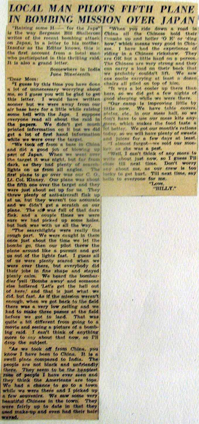 Newspaper article with letter from Billy Shallcross describing the B-29 raid on Japan