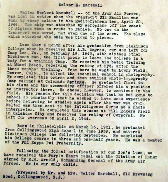 Walter Herbert Marshall memorial text