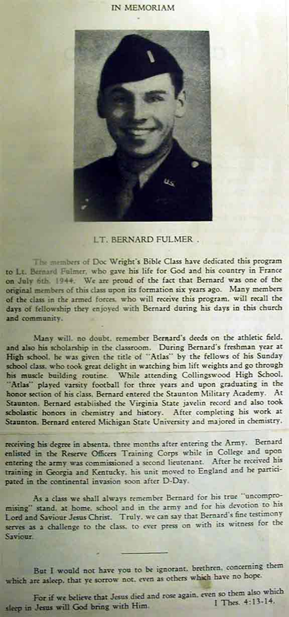 In Memoriam tribute to Lt. Bernard Fulmer from Doc Wright's Bible Class, Collingswood