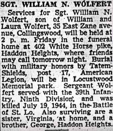 Camden Courier-Post obituary for Sgt. William N. Wolfert, July 14, 1948