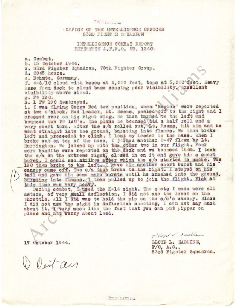 Intelligence Combat Report — Lloyd L. Eadline, October 15, 1944