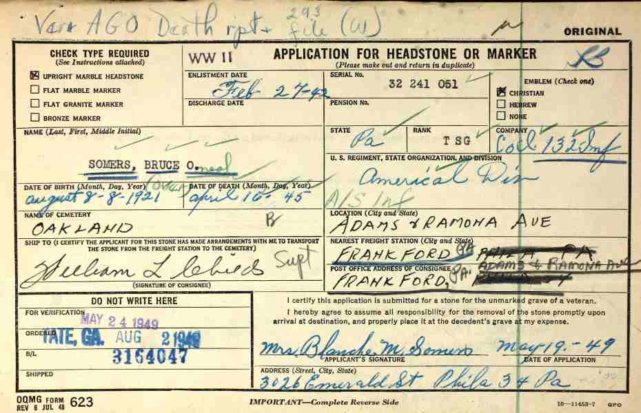 Application for Headstone — Bruce O. Somers