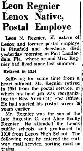 Leon Regnier Lenox Native, Postal Employe, column 1