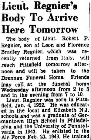 Lieut. Regnier's Body To Arrive Here Tomorrow, column 1