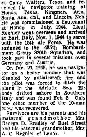 Lieut. Regnier's Body To Arrive Here Tomorrow, column 2