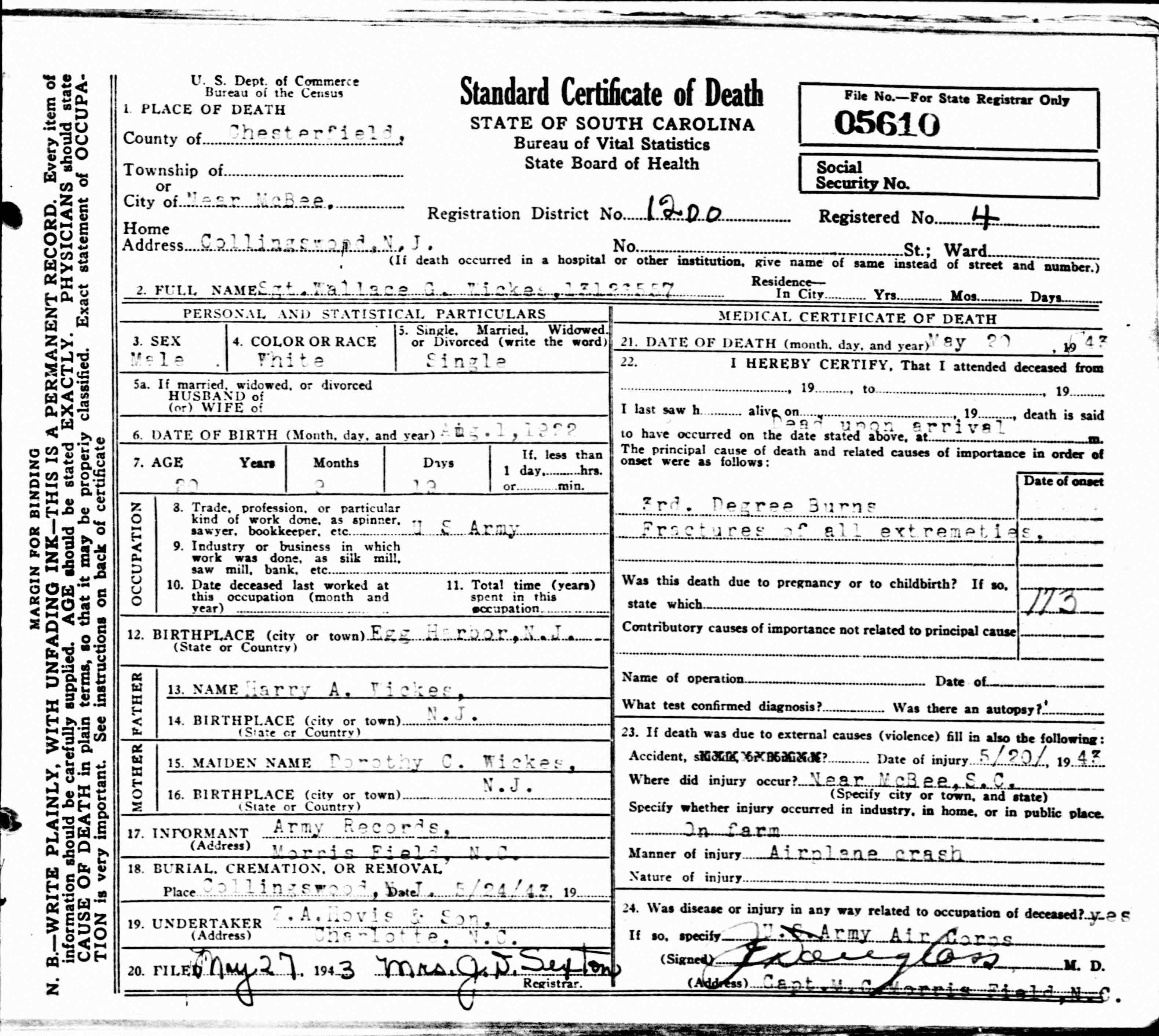 Wallace G. Wickes, South Carolina Death Certificate
