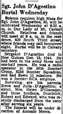 Sgt. John D'Agostino Burial Wednesday, Camden Courier-Post obituary