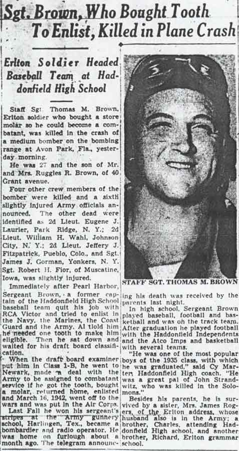 Sgt. Brown, Who Bought Tooth To Enlist, Killed in Plane Crash, Camden Courier-Post, March 3, 1943