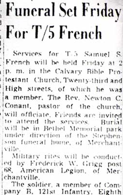 Funeral Set Friday For T/5 French, Camden Courier-Post obituary, first column