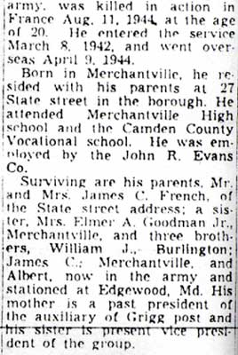 Funeral Set Friday For T/5 French, Camden Courier-Post obituary, second column