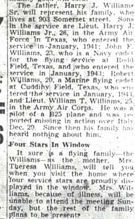 Newspaper clipping: Family of 14 — text continued, listing sons in service