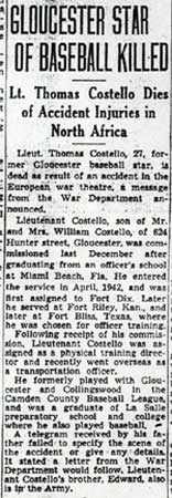 Newspaper clipping: Gloucester Star of Baseball Killed, Camden Courier-Post, June 15, 1943