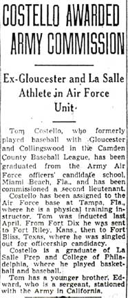 Newspaper clipping: Costello Awarded Army Commission, Camden Courier-Post, December 17, 1942