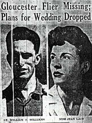 Newspaper clipping: Gloucester Flier Missing; Plans for Wedding Dropped — Camden Courier-Post, January 14, 1944 — photos of Lt. William T. Williams and Miss Jean Lacy