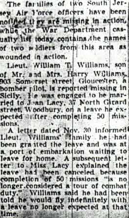 Newspaper clipping: Gloucester Flier Missing — text of article
