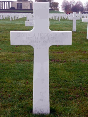 Gravestone of Private First Class John J. Hegener Jr. at Henri-Chapelle American Cemetery, Belgium