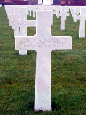 Gravestone of Private Joseph A. Scheurich at Ardennes American Cemetery, Belgium