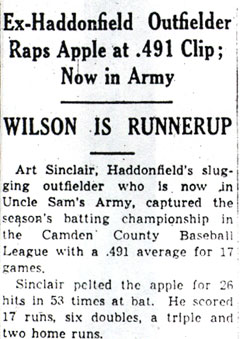 Newspaper clipping: Ex-Haddonfield Outfielder Raps Apple at .491 Clip; Now in Army