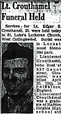 Newspaper obituary for Lt. Edgar S. Crouthamel, page 1