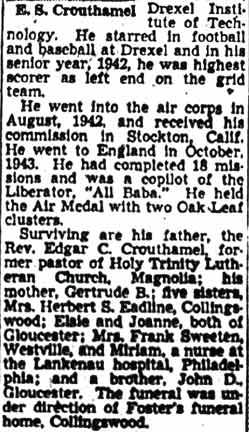 Newspaper obituary for Lt. Edgar S. Crouthamel, page 2