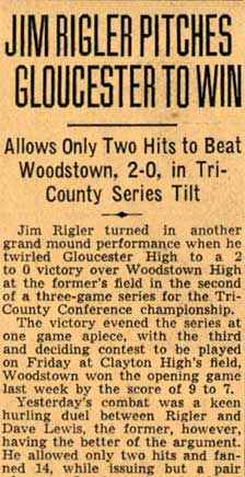 Newspaper clipping about Joseph Barron's baseball career in the Camden County Baseball League