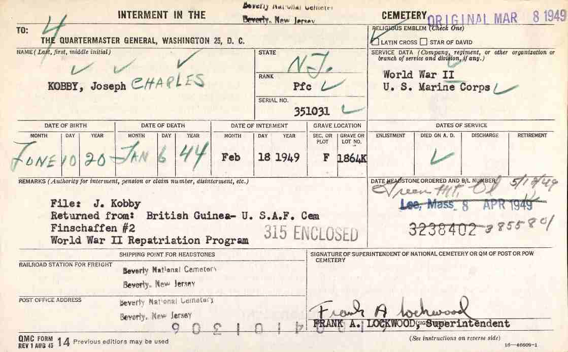 Burial record for Private First Class Joseph C. Kobby