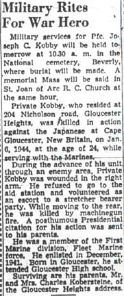 Obituary clipping: Military Rites For War Hero, for Private First Class Joseph C. Kobby
