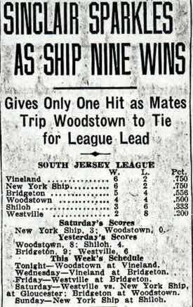 Newspaper clipping: Sinclair Sparkles As Ship Nine Wins, with South Jersey League standings, Camden Courier-Post, August 17, 1936