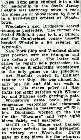 Newspaper clipping continued: Art Sinclair pitching for New York Ship against Woodstown