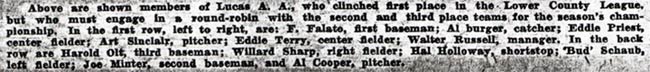 Caption identifying members of Lucas A.A. team, including Art Sinclair
