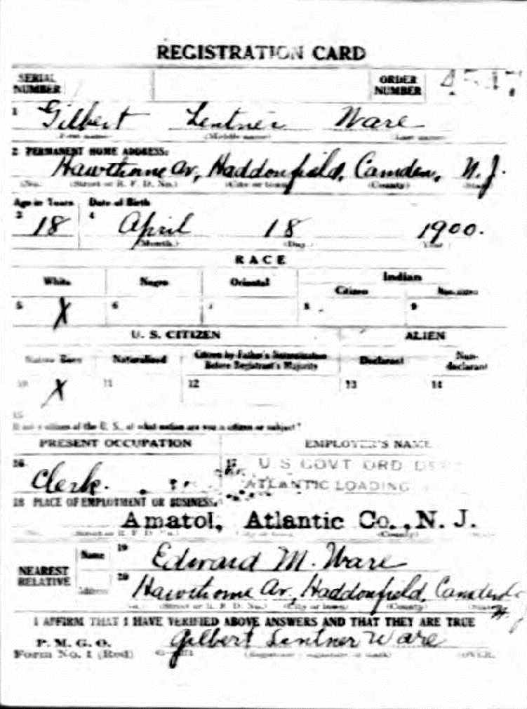 World War I draft registration card for Gilbert L. Ware, front