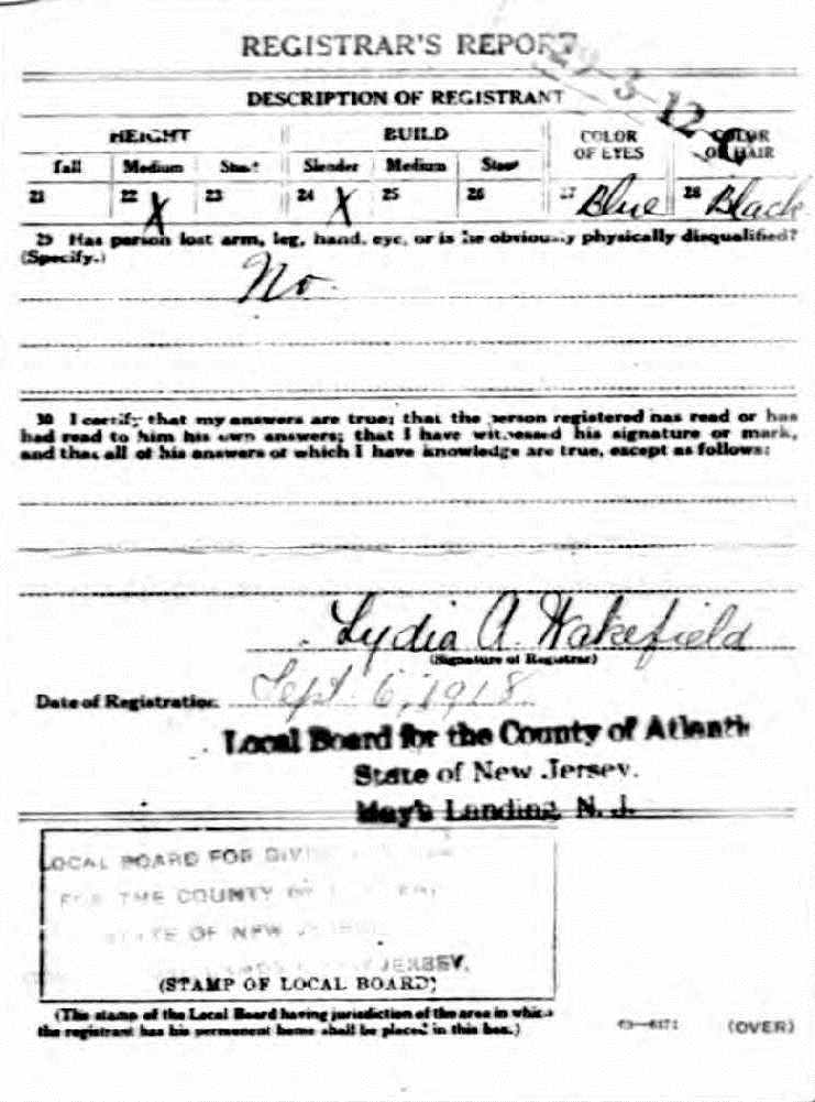 World War I draft registration card for Gilbert L. Ware, back