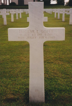 Grave marker of Master Sergeant Eugene L. Loper at Henri-Chapelle American Cemetery, Belgium
