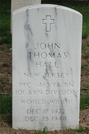 Grave marker of Private First Class John Thomas Hall at Beverly National Cemetery, Beverly, New Jersey