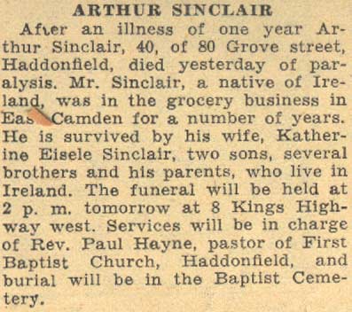 Newspaper clipping: obituary of Arthur Sinclair Sr., Camden Courier-Post, May 17, 1934