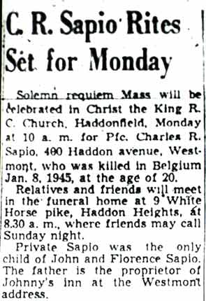 Newspaper clipping: C. R. Sapio Rites Set for Monday, Camden Courier-Post, April 1, 1945