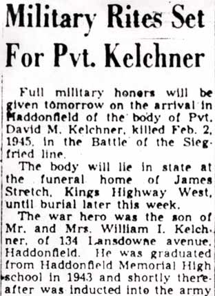 Newspaper clipping: Military Rites Set For Pvt. Kelchner, Camden Courier-Post, December 15, 1947
