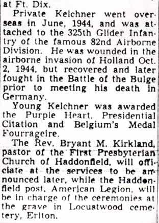 Newspaper clipping continued: Military Rites Set For Pvt. Kelchner