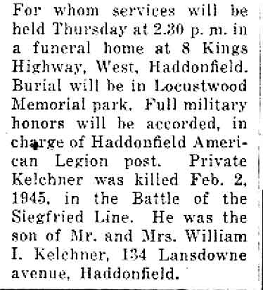 Newspaper clipping: brief notice of David Kelchner funeral services, week of December 11, 1947
