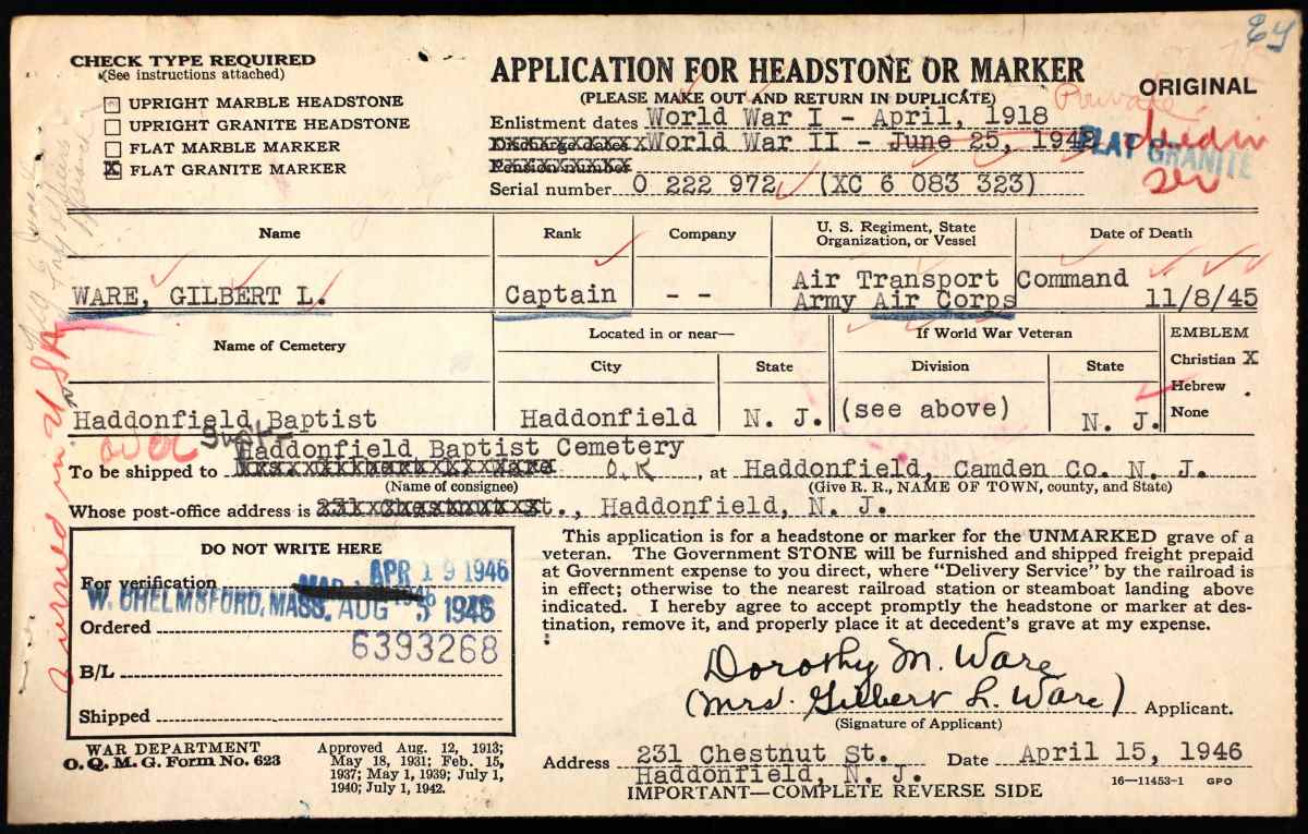 Application for Headstone or Marker for Captain Gilbert L. Ware