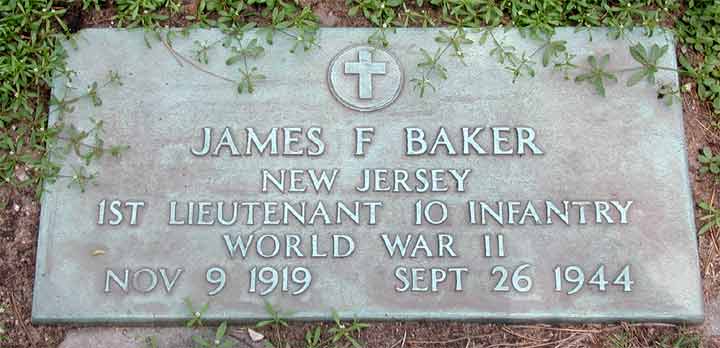 Grave marker of First Lieutenant James Fairfowl Baker at Harleigh Cemetery, Camden, New Jersey