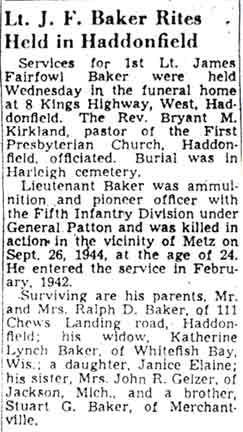 Newspaper clipping: Lt. J. F. Baker Rites Held in Haddonfield, Camden Courier-Post, May 6, 1949