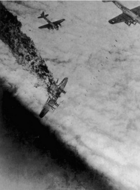 Passionate Witch II falling from the sky after being hit by anti-aircraft fire near Chateaudun airfield, France, March 28, 1944