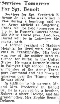 Services Tomorrow For Sgt. Benoit — Camden Courier-Post, October 27, 1947