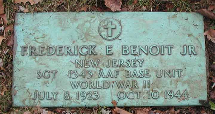 Grave of Frederick E. Benoit Jr. at Lakeview Memorial Cemetery, Cinnaminson, New Jersey