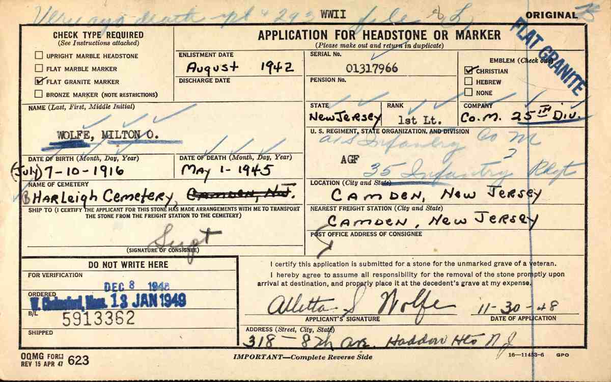 Application for Headstone or Marker for Milton O. Wolfe