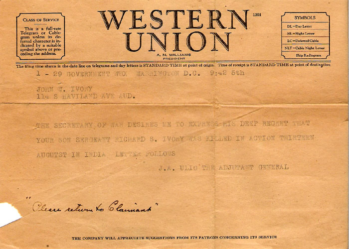 Telegram notifying the Ivory family of Richard's loss