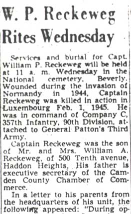 Camden Courier-Post obituary for Captain William P. Reckeweg, April 19, 1949, part 1